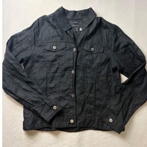 Jones New York Black 100% Linen Trucker Jacket Large Minimalist Quiet Luxury